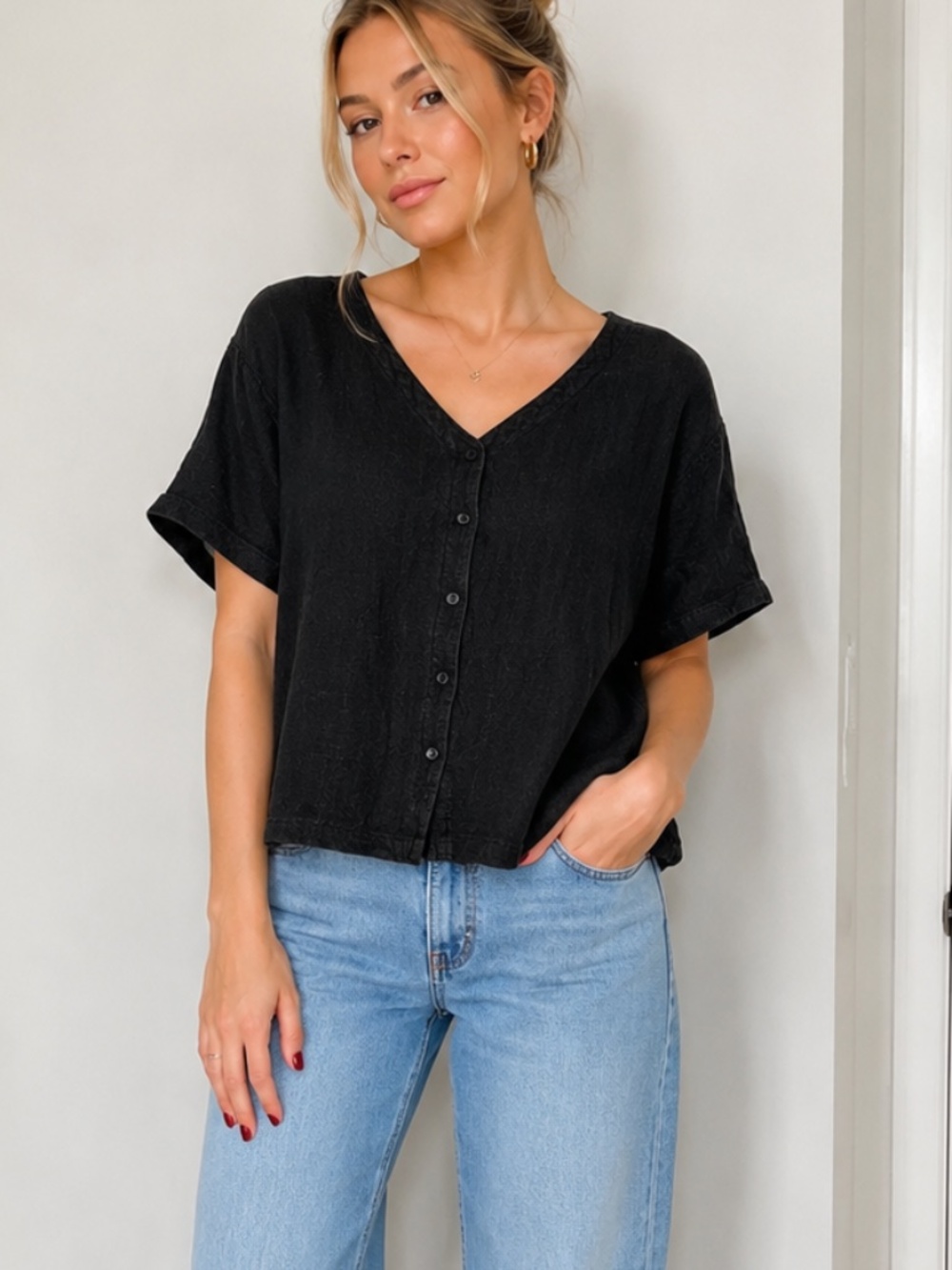 Sangam Black 100% Cotton Boxy Button Front Top XL